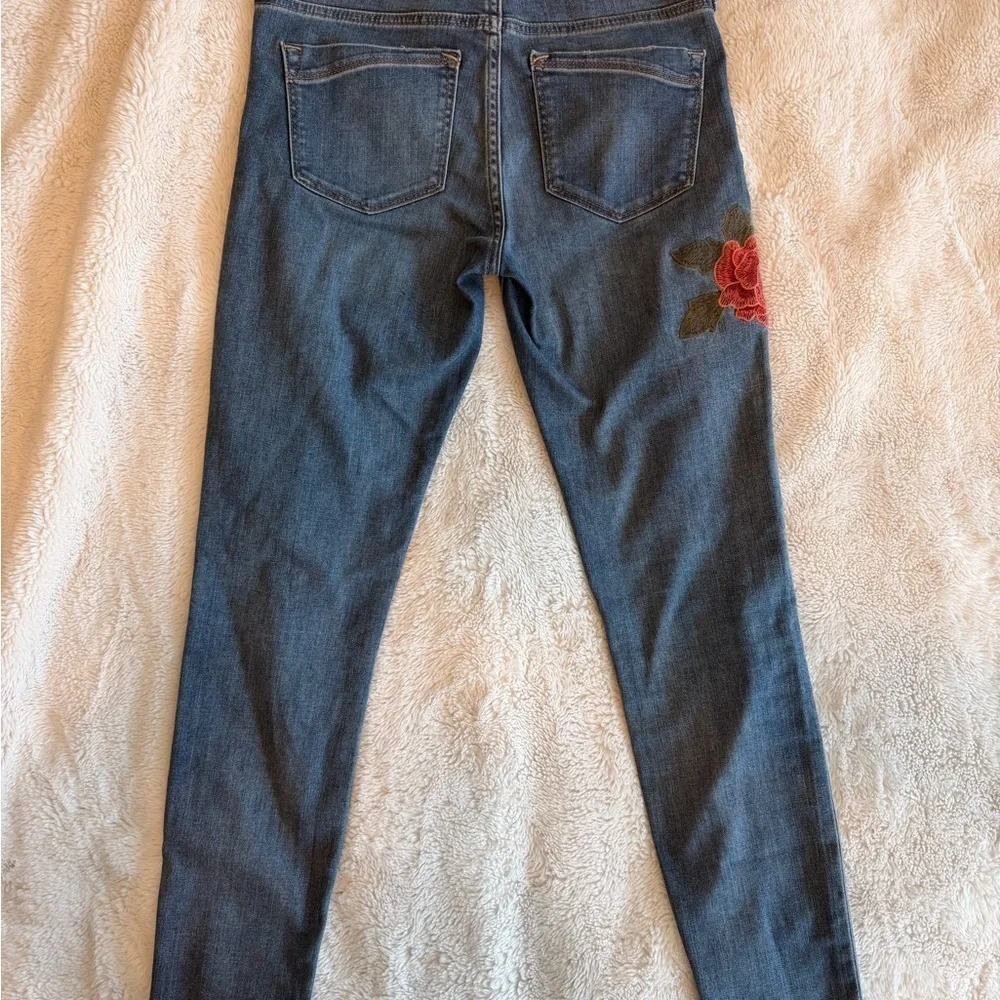 Express Women's Skinny Jeans - Blue with Red and Green Floral Embroidery